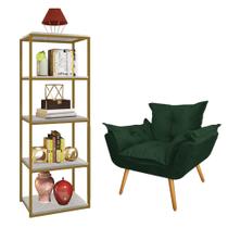 Kit Poltrona Fatte com Estante Livreiro Ferro Dourado MDF Marmorizado Cinza Suede Verde Musgo - Ahazzo Móveis