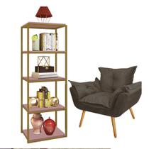 Kit Poltrona Fatte com Estante Livreiro Ferro Dourado MDF Rose Suede Cinza - Ahazzo Móveis