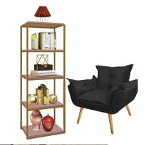 Kit Poltrona Fatte com Estante Livreiro Ferro Dourado MDF Rose Suede Preto - Ahazzo Móveis