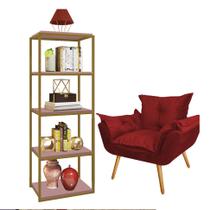 Kit Poltrona Fatte com Estante Livreiro Ferro Dourado MDF Rose Suede Vermelho - Ahazzo Móveis