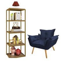 Kit Poltrona Fatte com Estante Livreiro Ferro Dourado MDF Rústico Suede Azul Marinho - Ahazzo Móveis