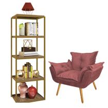 Kit Poltrona Fatte com Estante Livreiro Ferro Dourado MDF Rústico Suede Rose Gold - Ahazzo Móveis