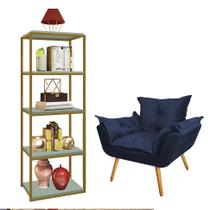 Kit Poltrona Fatte com Estante Livreiro Ferro Dourado MDF Verde Oliva Suede Azul Marinho - Ahazzo Móveis