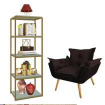 Kit Poltrona Fatte com Estante Livreiro Ferro Dourado MDF Verde Oliva Suede Marrom - Ahazzo Móveis