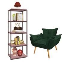 Kit Poltrona Fatte com Estante Livreiro Ferro Marrom MDF Rose Suede Verde Musgo - Ahazzo Móveis