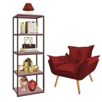 Kit Poltrona Fatte com Estante Livreiro Ferro Marrom MDF Rose Suede Vermelho - Ahazzo Móveis