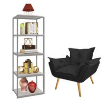 Kit Poltrona Fatte com Estante Livreiro Ferro Prata MDF Marmorizado Cinza Suede Preto - Ahazzo Móveis