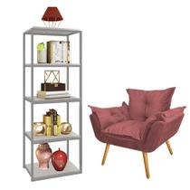 Kit Poltrona Fatte com Estante Livreiro Ferro Prata MDF Marmorizado Cinza Suede Rose Gold - Ahazzo Móveis