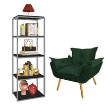 Kit Poltrona Fatte com Estante Livreiro Ferro Prata MDF Preto Suede Verde Musgo - Ahazzo Móveis