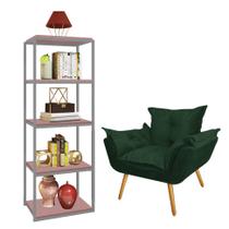 Kit Poltrona Fatte com Estante Livreiro Ferro Prata MDF Rose Suede Verde Musgo - Ahazzo Móveis