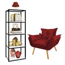 Kit Poltrona Fatte com Estante Livreiro Ferro Preto MDF Branco Suede Vermelho - Ahazzo Móveis