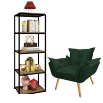 Kit Poltrona Fatte com Estante Livreiro Ferro Preto MDF Castanho Suede Verde Musgo - Ahazzo Móveis