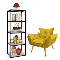 Kit Poltrona Fatte com Estante Livreiro Ferro Preto MDF Marmorizado Cinza Suede Amarelo - Ahazzo Móveis