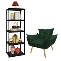 Kit Poltrona Fatte com Estante Livreiro Ferro Preto MDF Preto Suede Verde Musgo - Ahazzo Móveis