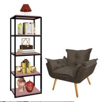 Kit Poltrona Fatte com Estante Livreiro Ferro Preto MDF Rose Suede Cinza - Ahazzo Móveis