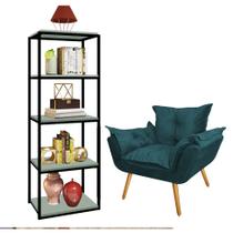 Kit Poltrona Fatte com Estante Livreiro Ferro Preto MDF Verde Oliva Suede Azul Turquesa - Ahazzo Móveis