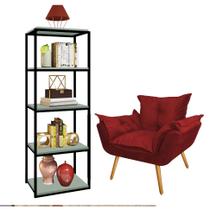 Kit Poltrona Fatte com Estante Livreiro Ferro Preto MDF Verde Oliva Suede Vermelho - Ahazzo Móveis