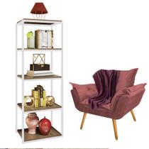 Kit Poltrona Fatte com Manta Soft Bordô e Estante Livreiro Ferro Branco MDF Castanho Suede Rose Gold - Ahz Móveis