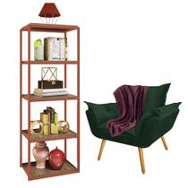 Kit Poltrona Fatte com Manta Soft Bordô e Estante Livreiro Ferro Bronze MDF Caramelo Suede Verde Musgo - Ahazzo Móveis