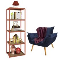 Kit Poltrona Fatte com Manta Soft Bordô e Estante Livreiro Ferro Bronze MDF Imbuia Suede Azul Marinho - Ahazzo Móveis