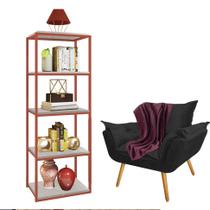 Kit Poltrona Fatte com Manta Soft Bordô e Estante Livreiro Ferro Bronze MDF Marmorizado Cinza Suede Preto - Ahazzo Móveis