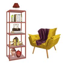 Kit Poltrona Fatte com Manta Soft Bordô e Estante Livreiro Ferro Bronze MDF Rose Suede Amarelo - Ahazzo Móveis