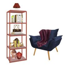 Kit Poltrona Fatte com Manta Soft Bordô e Estante Livreiro Ferro Bronze MDF Rose Suede Azul Marinho - Ahz Móveis