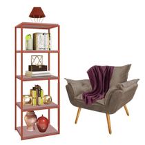 Kit Poltrona Fatte com Manta Soft Bordô e Estante Livreiro Ferro Bronze MDF Rose Suede Bege - Ahz Móveis