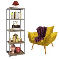 Kit Poltrona Fatte com Manta Soft Bordô e Estante Livreiro Ferro Cinza MDF Imbuia Suede Amarelo - Ahazzo Móveis