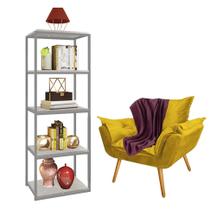 Kit Poltrona Fatte com Manta Soft Bordô e Estante Livreiro Ferro Cinza MDF Marmorizado Cinza Suede Amarelo - Ahz Móveis