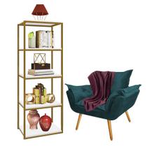 Kit Poltrona Fatte com Manta Soft Bordô e Estante Livreiro Ferro Dourado MDF Branco Suede Azul Turquesa - Ahz Móveis