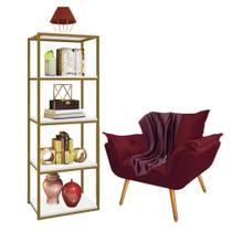 Kit Poltrona Fatte com Manta Soft Bordô e Estante Livreiro Ferro Dourado MDF Branco Suede Bordô - Ahazzo Móveis