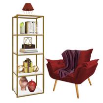 Kit Poltrona Fatte com Manta Soft Bordô e Estante Livreiro Ferro Dourado MDF Branco Suede Vermelho - Ahz Móveis