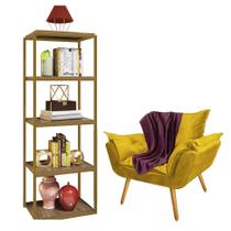 Kit Poltrona Fatte com Manta Soft Bordô e Estante Livreiro Ferro Dourado MDF Caramelo Suede Amarelo - Ahazzo Móveis