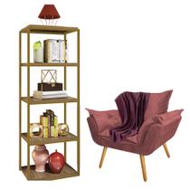 Kit Poltrona Fatte com Manta Soft Bordô e Estante Livreiro Ferro Dourado MDF Castanho Suede Rose Gold - Ahz Móveis