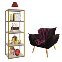 Kit Poltrona Fatte com Manta Soft Bordô e Estante Livreiro Ferro Dourado MDF Marmorizado Cinza Suede Marrom - Ahz Móveis