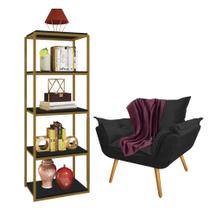 Kit Poltrona Fatte com Manta Soft Bordô e Estante Livreiro Ferro Dourado MDF Preto Suede Preto - Ahz Móveis