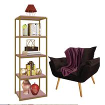 Kit Poltrona Fatte com Manta Soft Bordô e Estante Livreiro Ferro Dourado MDF Rose Suede Marrom - Ahz Móveis