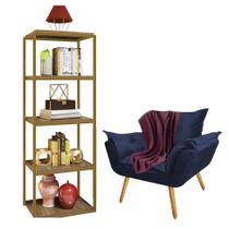 Kit Poltrona Fatte com Manta Soft Bordô e Estante Livreiro Ferro Dourado MDF Rústico Suede Azul Marinho - Ahazzo Móveis