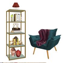 Kit Poltrona Fatte com Manta Soft Bordô e Estante Livreiro Ferro Dourado MDF Verde Oliva Suede Azul Turquesa - Ahz Móveis