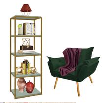 Kit Poltrona Fatte com Manta Soft Bordô e Estante Livreiro Ferro Dourado MDF Verde Oliva Suede Verde Musgo - Ahazzo Móveis