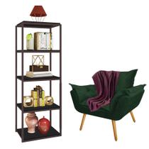 Kit Poltrona Fatte com Manta Soft Bordô e Estante Livreiro Ferro Marrom MDF Preto Suede Verde Musgo - Ahz Móveis