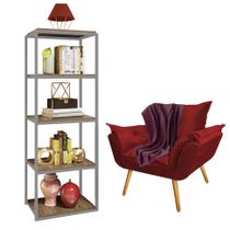 Kit Poltrona Fatte com Manta Soft Bordô e Estante Livreiro Ferro Prata MDF Caramelo Suede Vermelho - Ahazzo Móveis