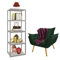 Kit Poltrona Fatte com Manta Soft Bordô e Estante Livreiro Ferro Prata MDF Marmorizado Cinza Suede Verde Musgo - Ahz Móveis