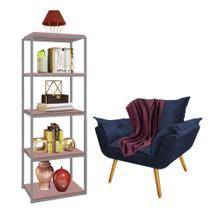 Kit Poltrona Fatte com Manta Soft Bordô e Estante Livreiro Ferro Prata MDF Rose Suede Azul Marinho - Ahz Móveis