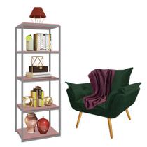 Kit Poltrona Fatte com Manta Soft Bordô e Estante Livreiro Ferro Prata MDF Rose Suede Verde Musgo - Ahz Móveis