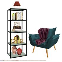 Kit Poltrona Fatte com Manta Soft Bordô e Estante Livreiro Ferro Preto MDF Verde Oliva Suede Azul Turquesa - Ahz Móveis