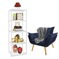 Kit Poltrona Fatte com Manta Soft Cinza e Estante Livreiro Ferro Branco MDF Branco Suede Azul Marinho - Ahz Móveis