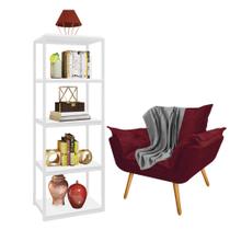 Kit Poltrona Fatte com Manta Soft Cinza e Estante Livreiro Ferro Branco MDF Branco Suede Bordô - Ahazzo Móveis