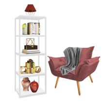 Kit Poltrona Fatte com Manta Soft Cinza e Estante Livreiro Ferro Branco MDF Branco Suede Rose Gold - Ahz Móveis